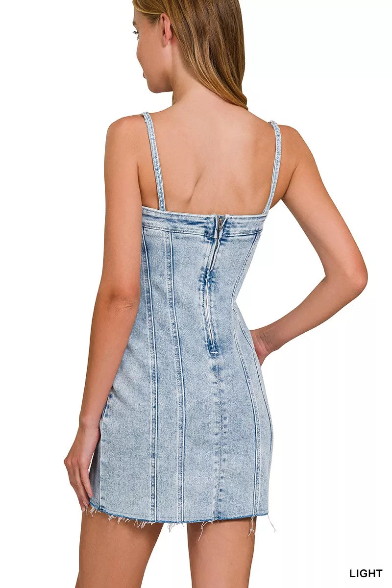 Zenana Spaghetti Strap Exposed Seam Light-Wash Dress