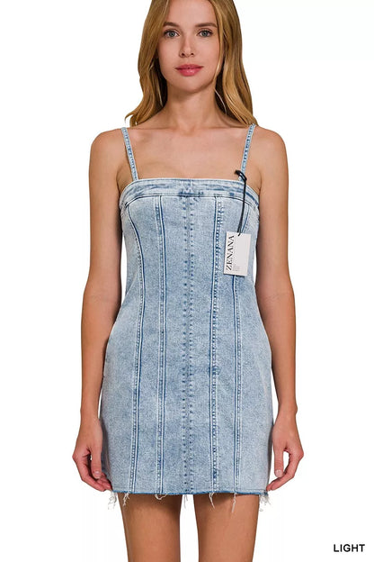 Zenana Spaghetti Strap Exposed Seam Light-Wash Dress