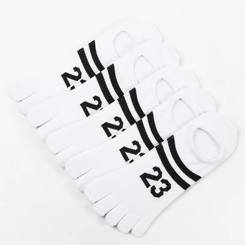 5 Pairs Summer Breathable Cotton Sport Boat Socks Colorful Footballs Print 5 Finger Socks for Outdoor Riding Men's Toe Socks