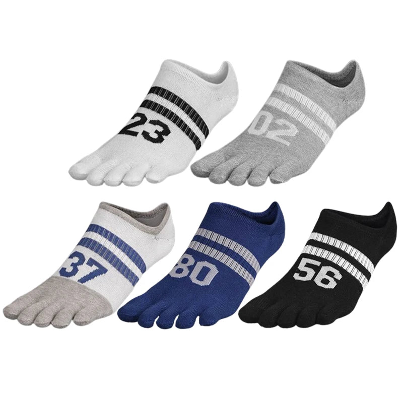 5 Pairs Summer Breathable Cotton Sport Boat Socks Colorful Footballs Print 5 Finger Socks for Outdoor Riding Men's Toe Socks