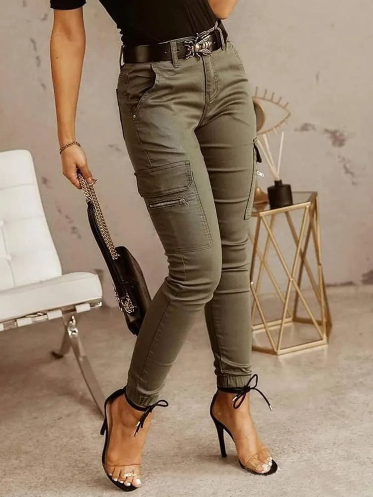 Fashion Woman Work Trousers Spring  Autumn Casual Multi-Pocket Tight Foot Trousers Low-waist Button Solid Color Women's Leggings