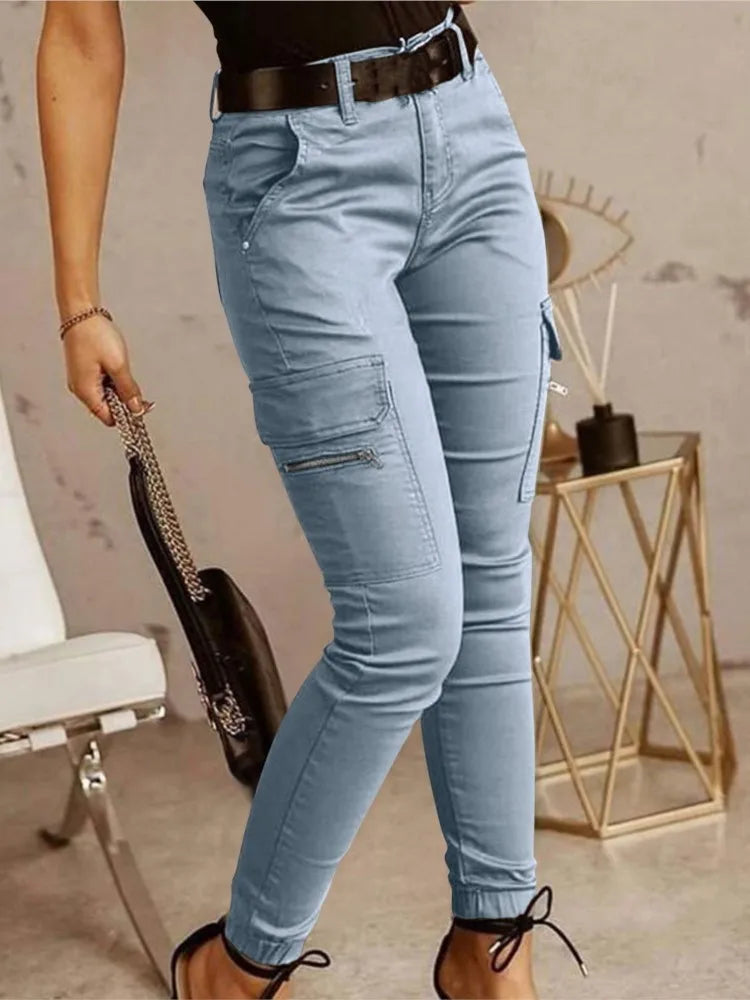 Fashion Woman Work Trousers Spring  Autumn Casual Multi-Pocket Tight Foot Trousers Low-waist Button Solid Color Women's Leggings