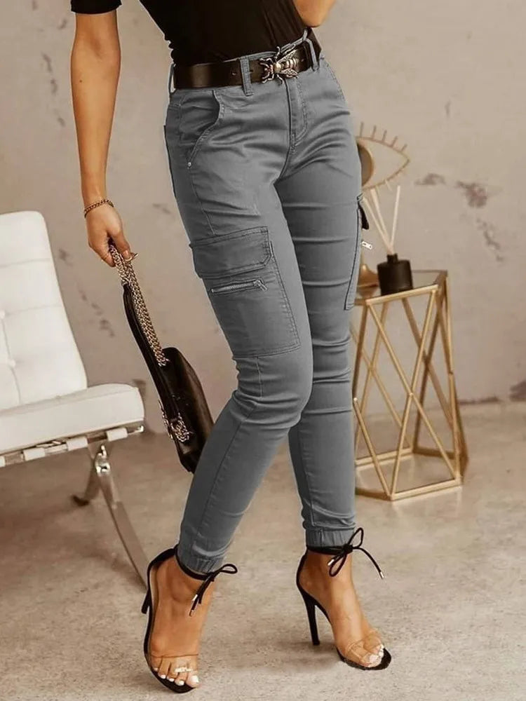 Fashion Woman Work Trousers Spring  Autumn Casual Multi-Pocket Tight Foot Trousers Low-waist Button Solid Color Women's Leggings