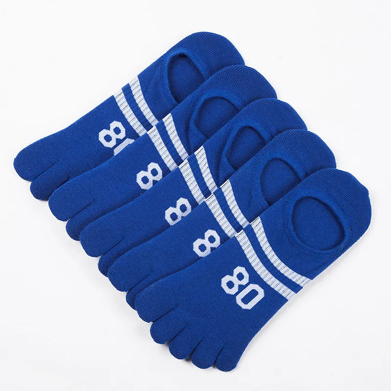 5 Pairs Summer Breathable Cotton Sport Boat Socks Colorful Footballs Print 5 Finger Socks for Outdoor Riding Men's Toe Socks