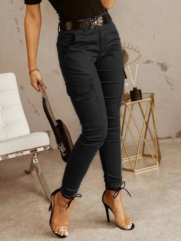 Fashion Woman Work Trousers Spring  Autumn Casual Multi-Pocket Tight Foot Trousers Low-waist Button Solid Color Women's Leggings