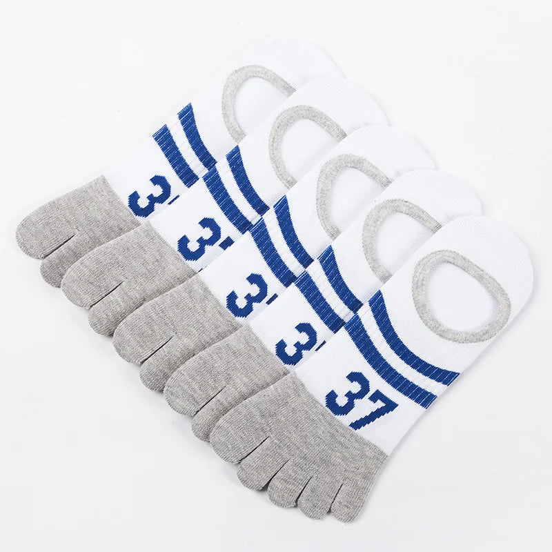 5 Pairs Summer Breathable Cotton Sport Boat Socks Colorful Footballs Print 5 Finger Socks for Outdoor Riding Men's Toe Socks