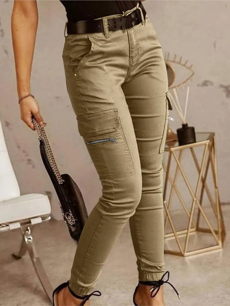 Fashion Woman Work Trousers Spring  Autumn Casual Multi-Pocket Tight Foot Trousers Low-waist Button Solid Color Women's Leggings