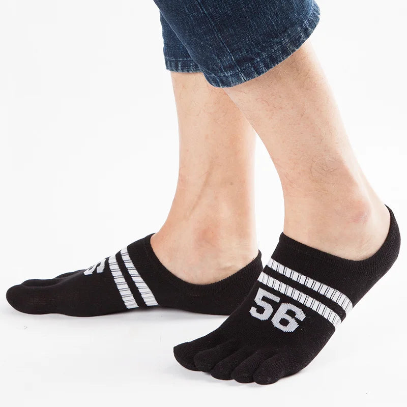 5 Pairs Summer Breathable Cotton Sport Boat Socks Colorful Footballs Print 5 Finger Socks for Outdoor Riding Men's Toe Socks