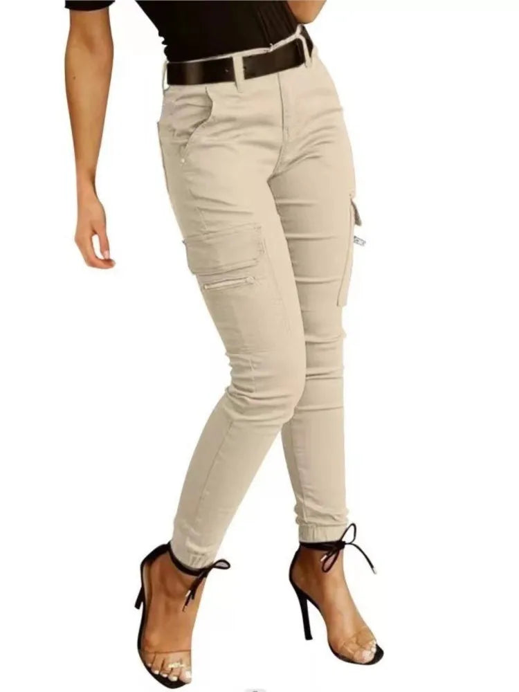 Fashion Woman Work Trousers Spring  Autumn Casual Multi-Pocket Tight Foot Trousers Low-waist Button Solid Color Women's Leggings