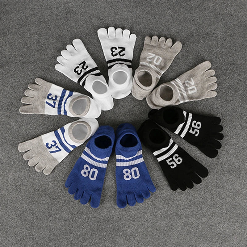 5 Pairs Summer Breathable Cotton Sport Boat Socks Colorful Footballs Print 5 Finger Socks for Outdoor Riding Men's Toe Socks