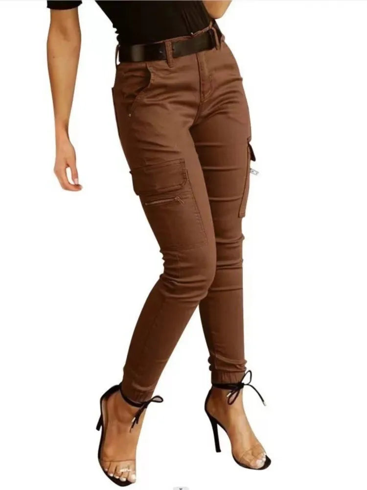 Fashion Woman Work Trousers Spring  Autumn Casual Multi-Pocket Tight Foot Trousers Low-waist Button Solid Color Women's Leggings