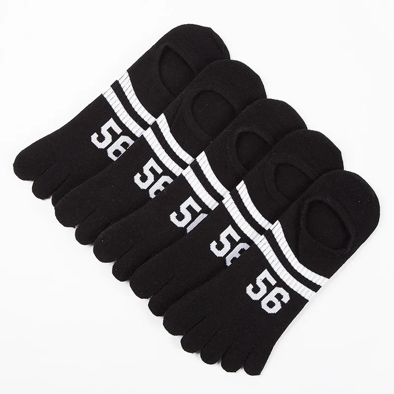 5 Pairs Summer Breathable Cotton Sport Boat Socks Colorful Footballs Print 5 Finger Socks for Outdoor Riding Men's Toe Socks