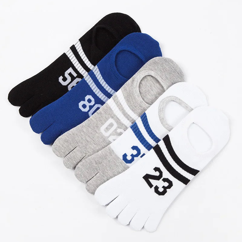 5 Pairs Summer Breathable Cotton Sport Boat Socks Colorful Footballs Print 5 Finger Socks for Outdoor Riding Men's Toe Socks