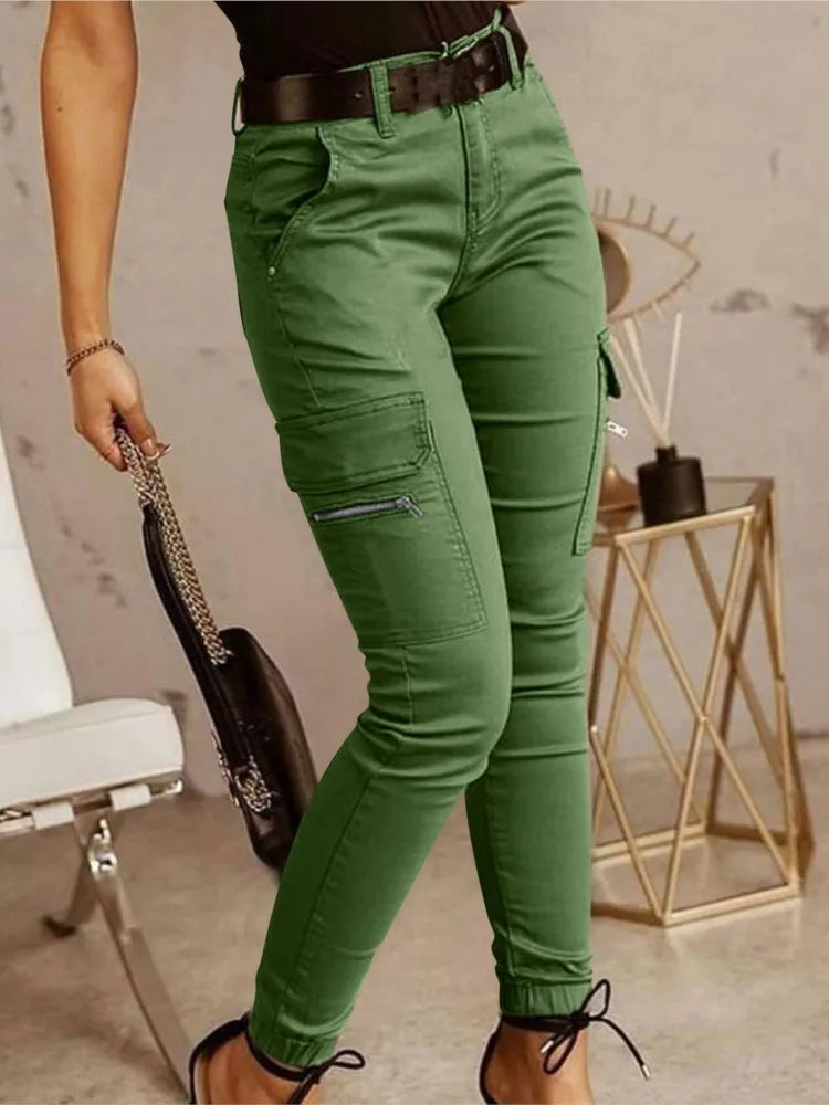 Fashion Woman Work Trousers Spring  Autumn Casual Multi-Pocket Tight Foot Trousers Low-waist Button Solid Color Women's Leggings